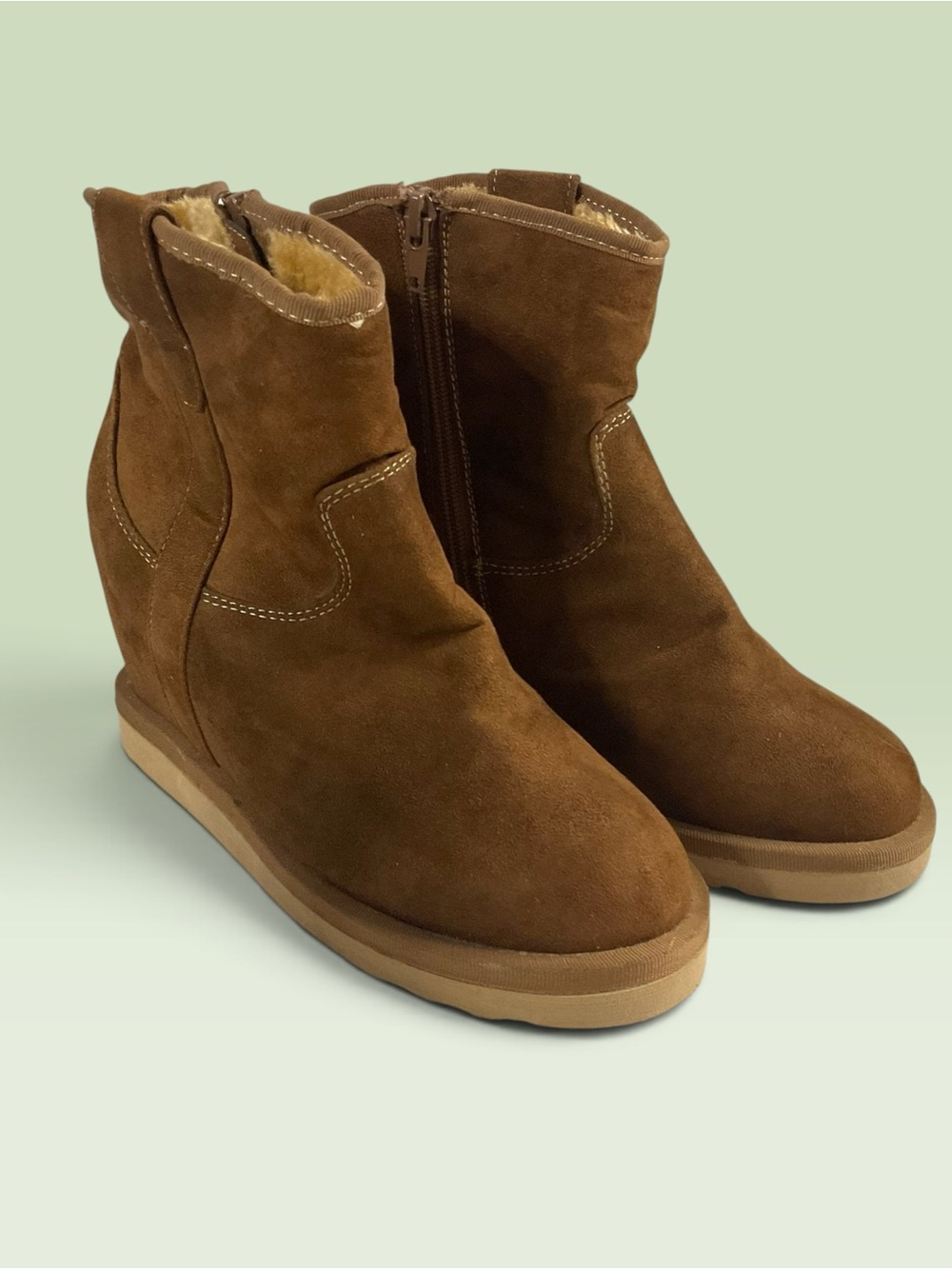 Call It Spring Brown Faux Suede Wedge Ankle Boots w/Zipper Closure Womens Size 8